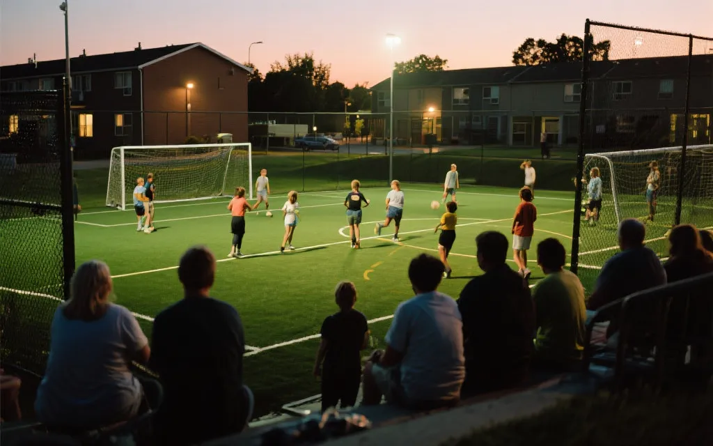 改造后的社区足球场与多年龄人群参与，体现赛事遗产的草根回流